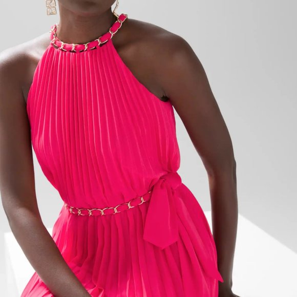 new WHITE HOUSE BLACK MARKET sleeveless chain neck pleated halter dress s m - Picture 2 of 2